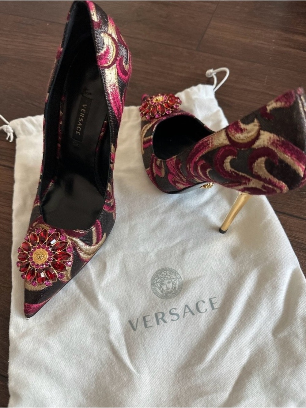Versace Red, Gold & Black Brocade Pointed-Toe Jewel Pumps